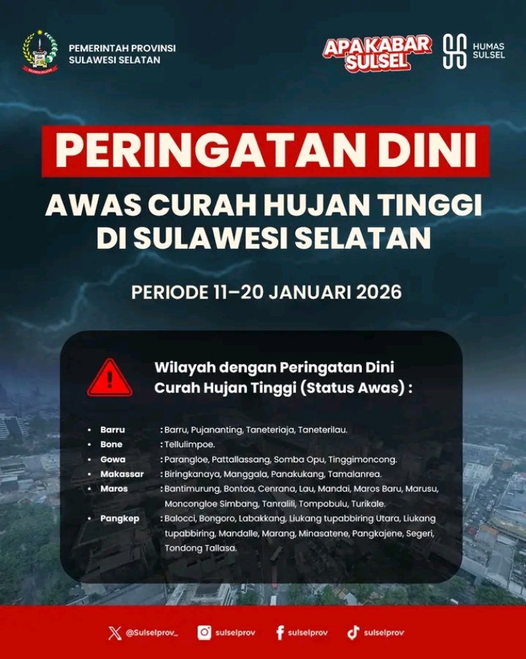 BMKG Sulsel Umumkan Potensi Hujan Tinggi di Sejumlah Wilayah 